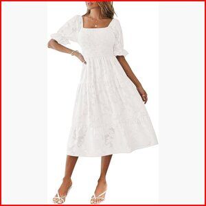 Summer Floral Midi Dress with Puff Sleeves Smocked Bodice Tiered Design